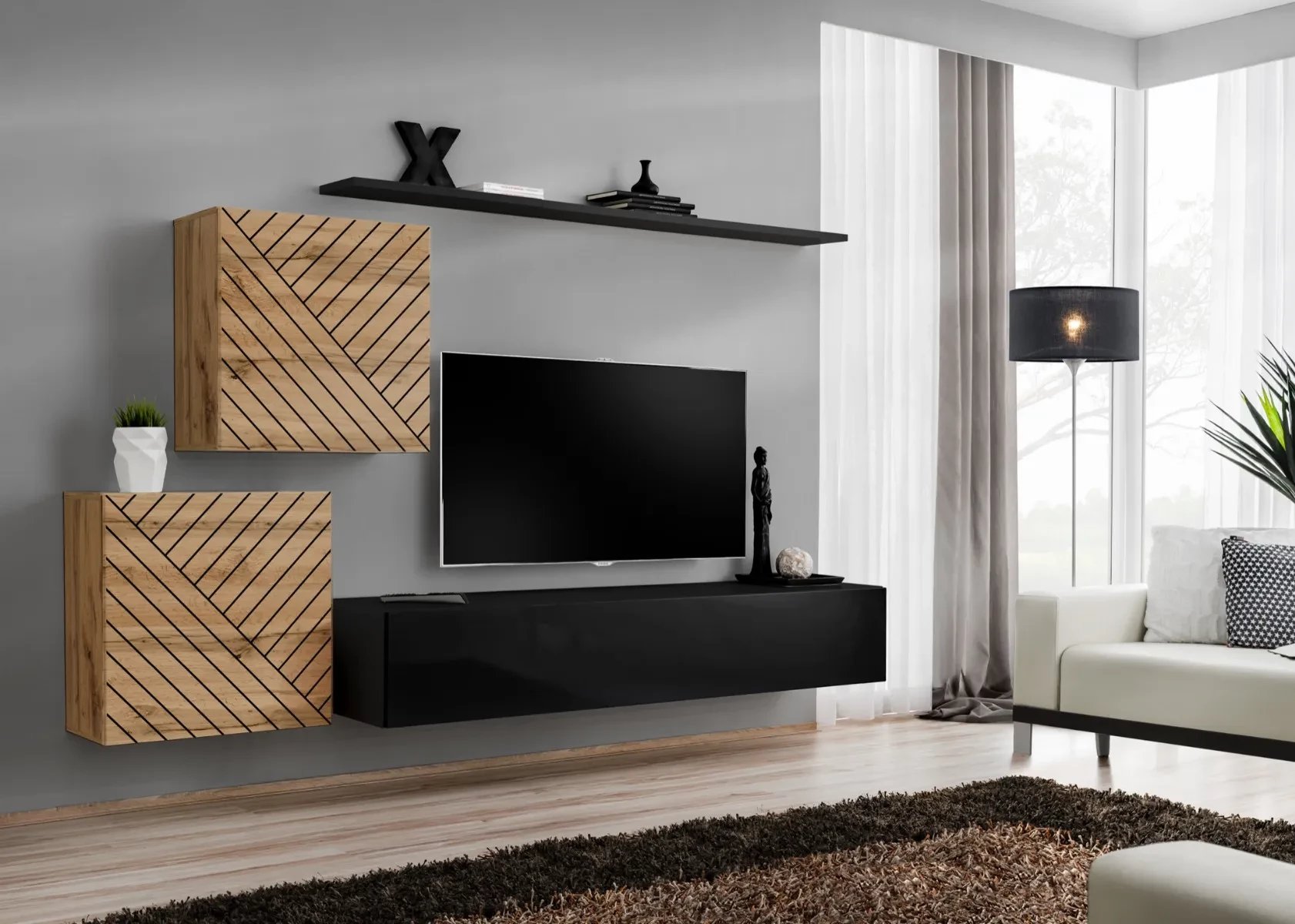 Meblościanka SWITCH LAMEL V dąb wotan/czarna ASM Meble