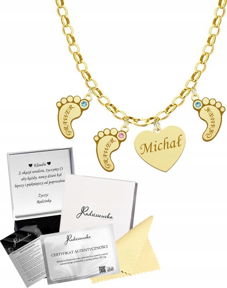 Radziszewska Jewellery Złoty Naszyjnik STÓPKI DZIECI SERCE Łańcuszek SREBRO 925 Dzień Mamy GRAWER