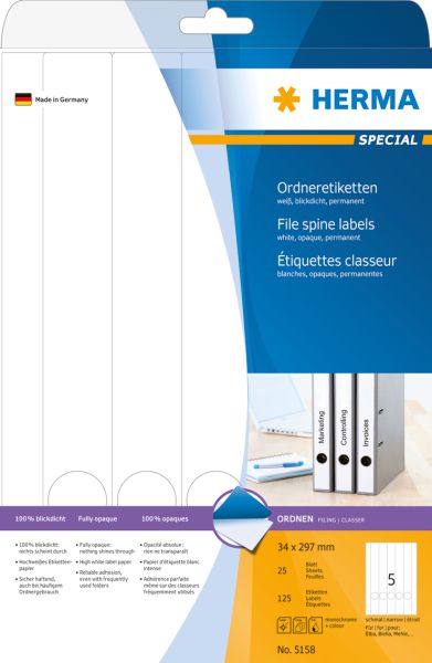 Herma Etykiety Special 5158, na segregatory, A4, białe, 34 x 297 mm, papier matowy nieprzejrzysty, 125 szt., zaokrąglone narożniki. (5158)