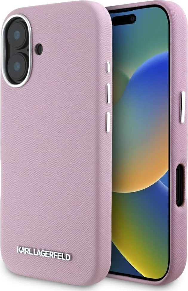 Karl Lagerfeld Saffiano Full Wrapped Elongated Metal Logo MagSafe iPhone 16 Case Pink