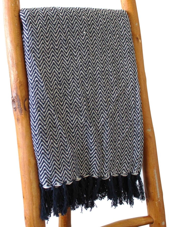 Bawełniana Narzuta Boho - Navy Zigzag