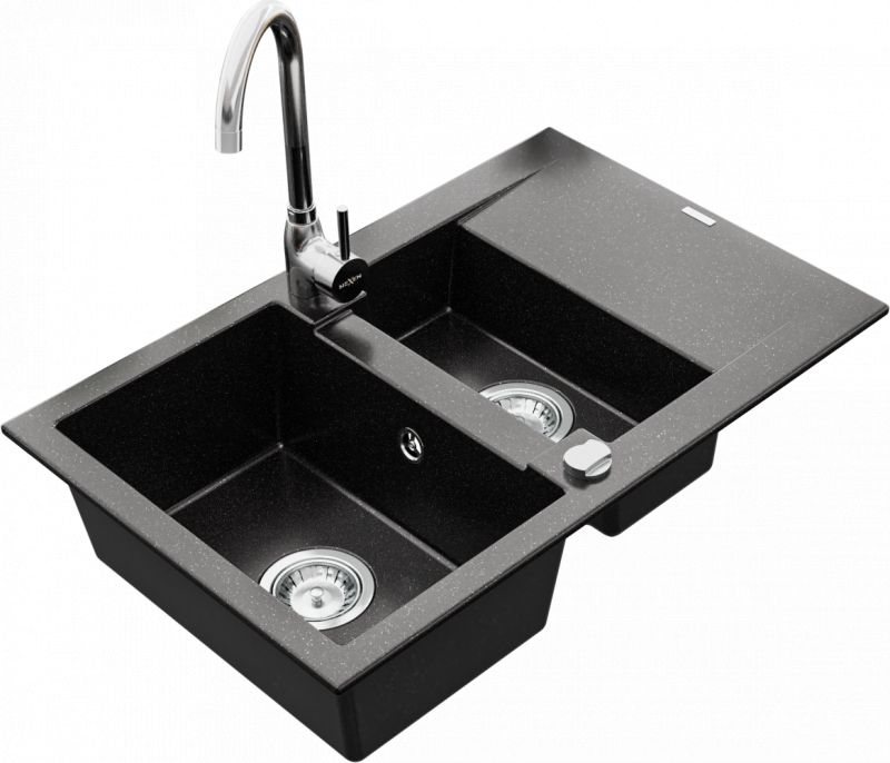 Zlewozmywak Mexen Gaspar granitowy 1,5-komorowy z ociekaczem i baterią kuchenną Telma, czarny/srebrny - 6507-73-670200-00