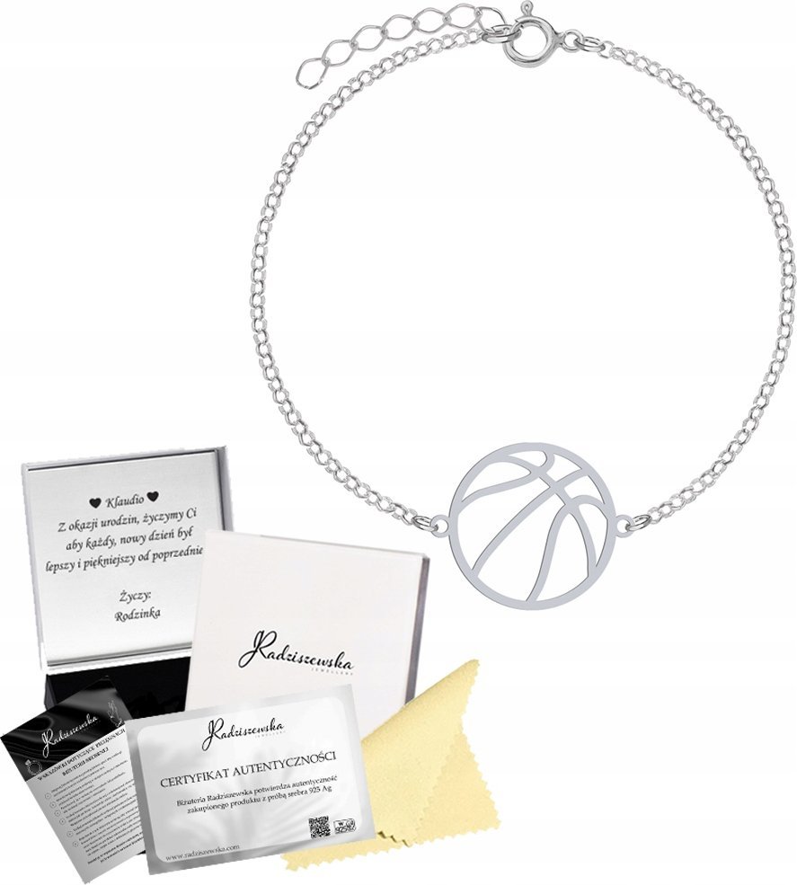 Radziszewska Jewellery Bransoletka Srebrna Piłka do Koszykówki 925 Łańcuszek Prezent Biżuteria