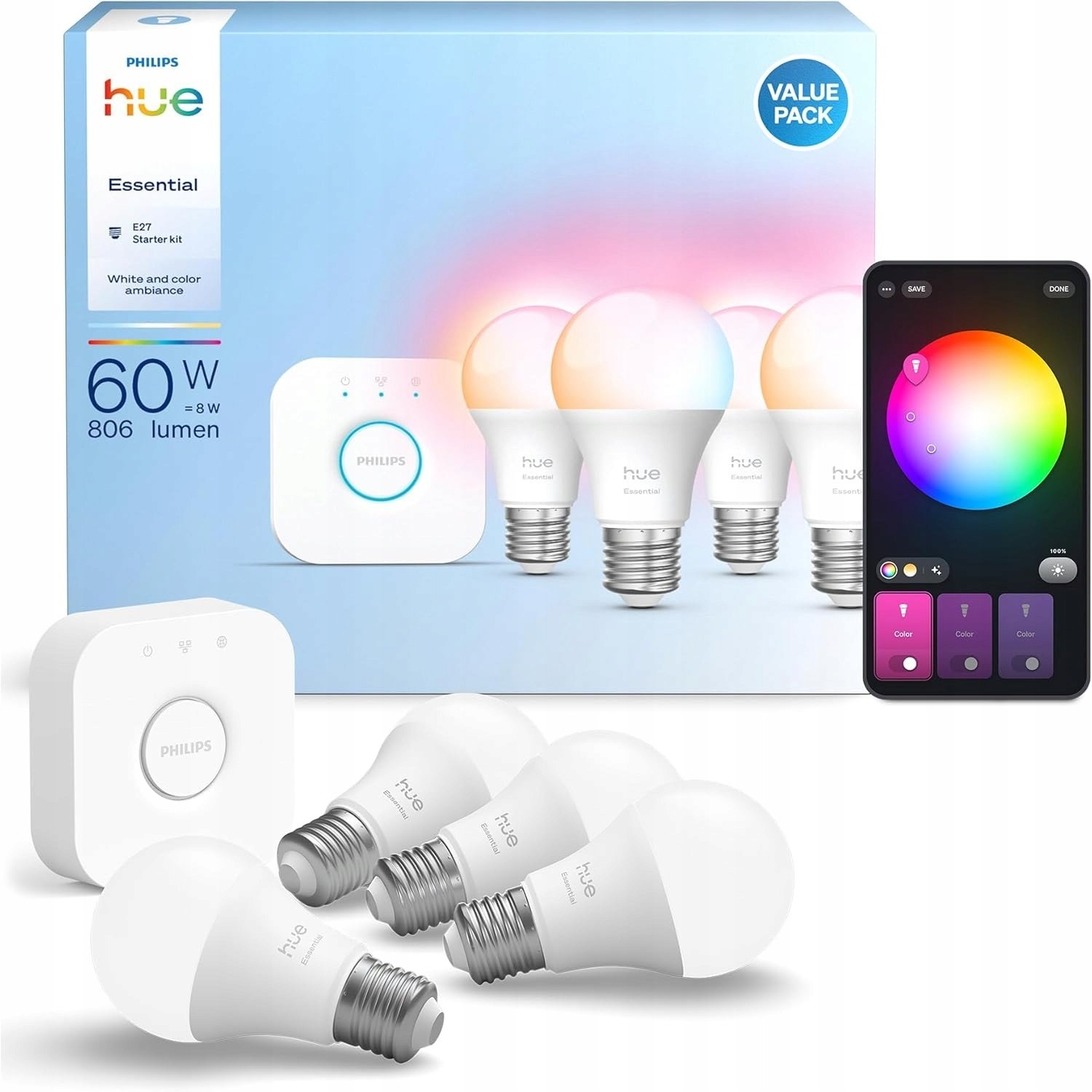 Philips Hue Essential zestaw żarówek Bridge+4Essential E27 białe 2200-6500K