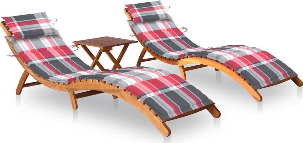 vidaXL Leżaki z poduszkami i stolikiem, 2 szt., lite drewno akacjowe