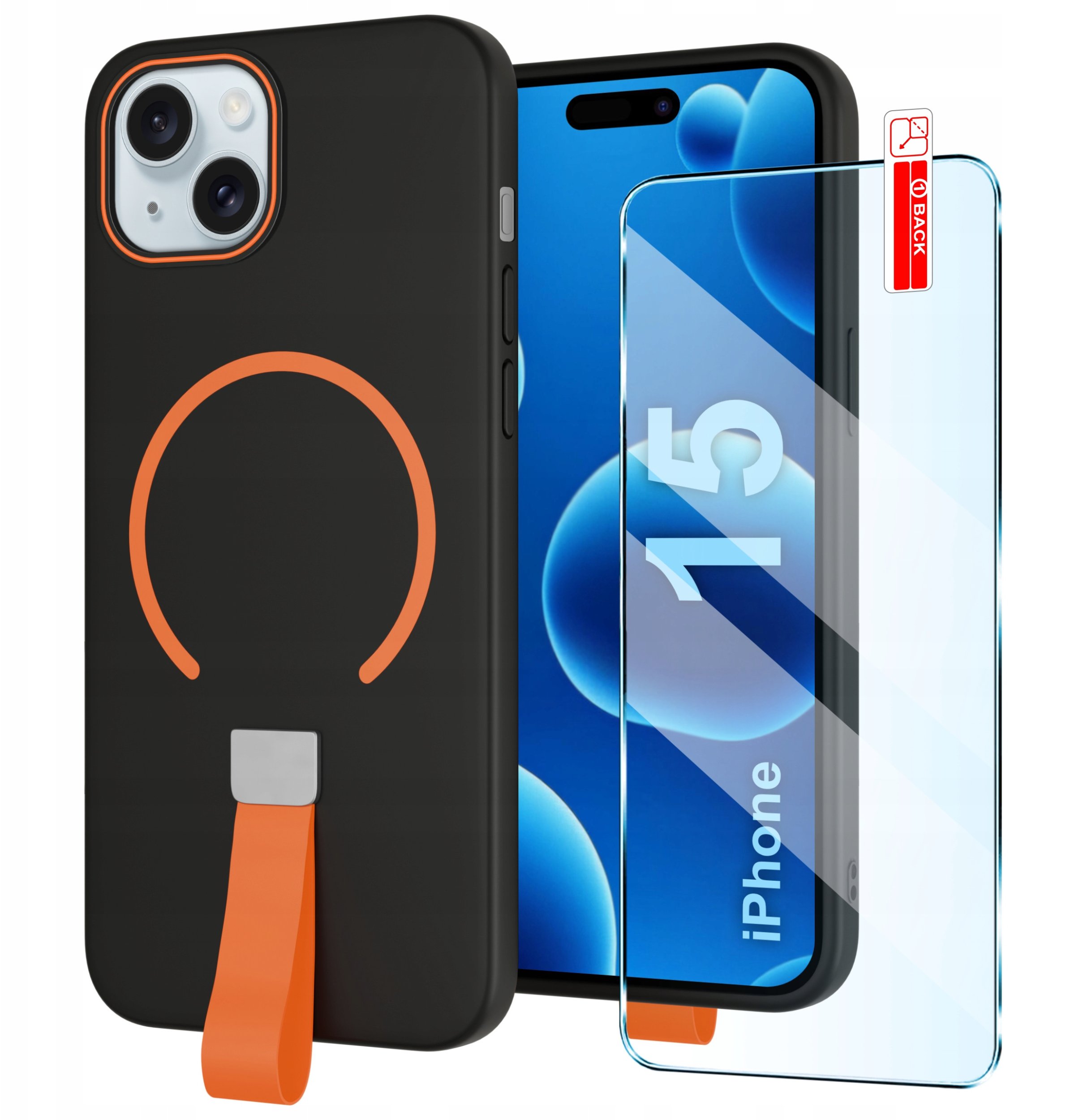 Etui z Paskiem na palec Matowe CZARNE do iPhone 15 |do MagSafe +Szkło