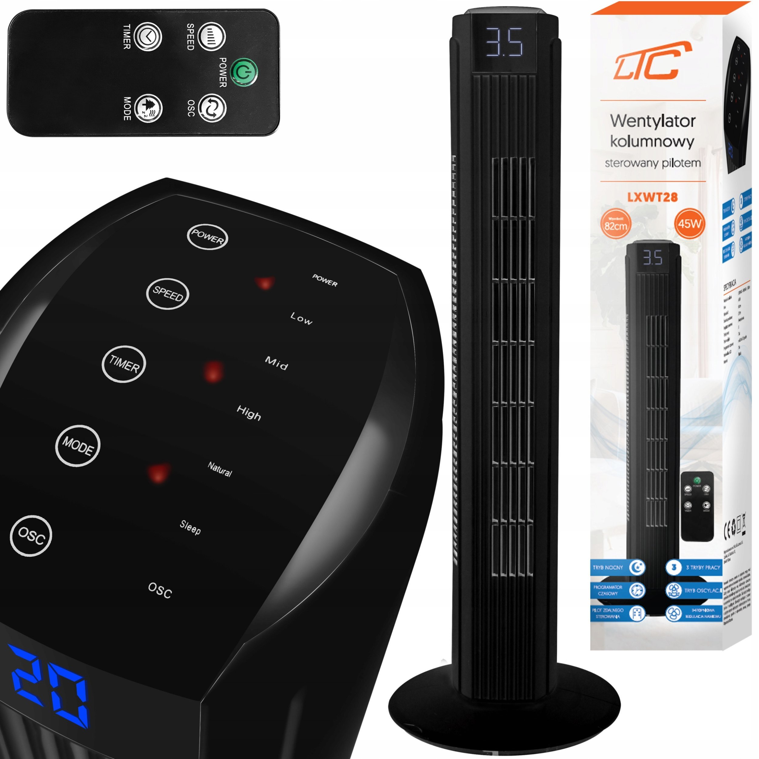 PS Wentylator kolumnowy 82cm 50W, LCD, sterowany pilotem LTC