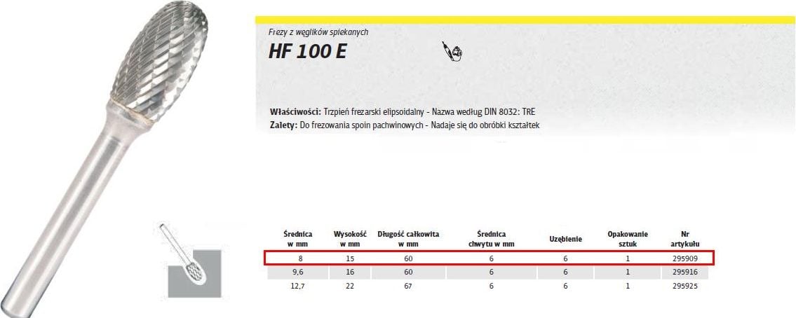Klingspor KLINGSPOR FREZ Z WĘGLIKA SPIEKANEGO HF 100 E 8 x 15mm TREZPIEŃ 6mm K295909 - 295909