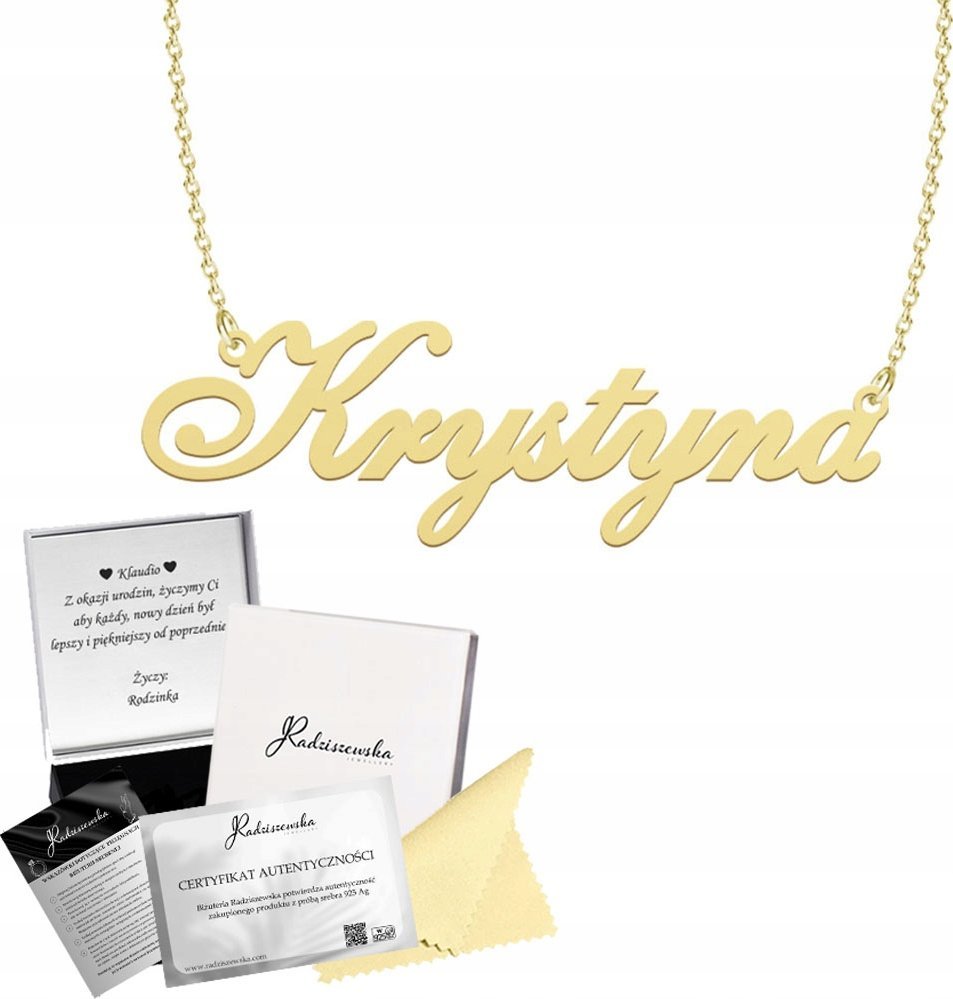 Radziszewska Jewellery Złoty Naszyjnik z imieniem KRYSTYNA Łańcuszek SREBRO 925 DEDYKACJA GRATIS