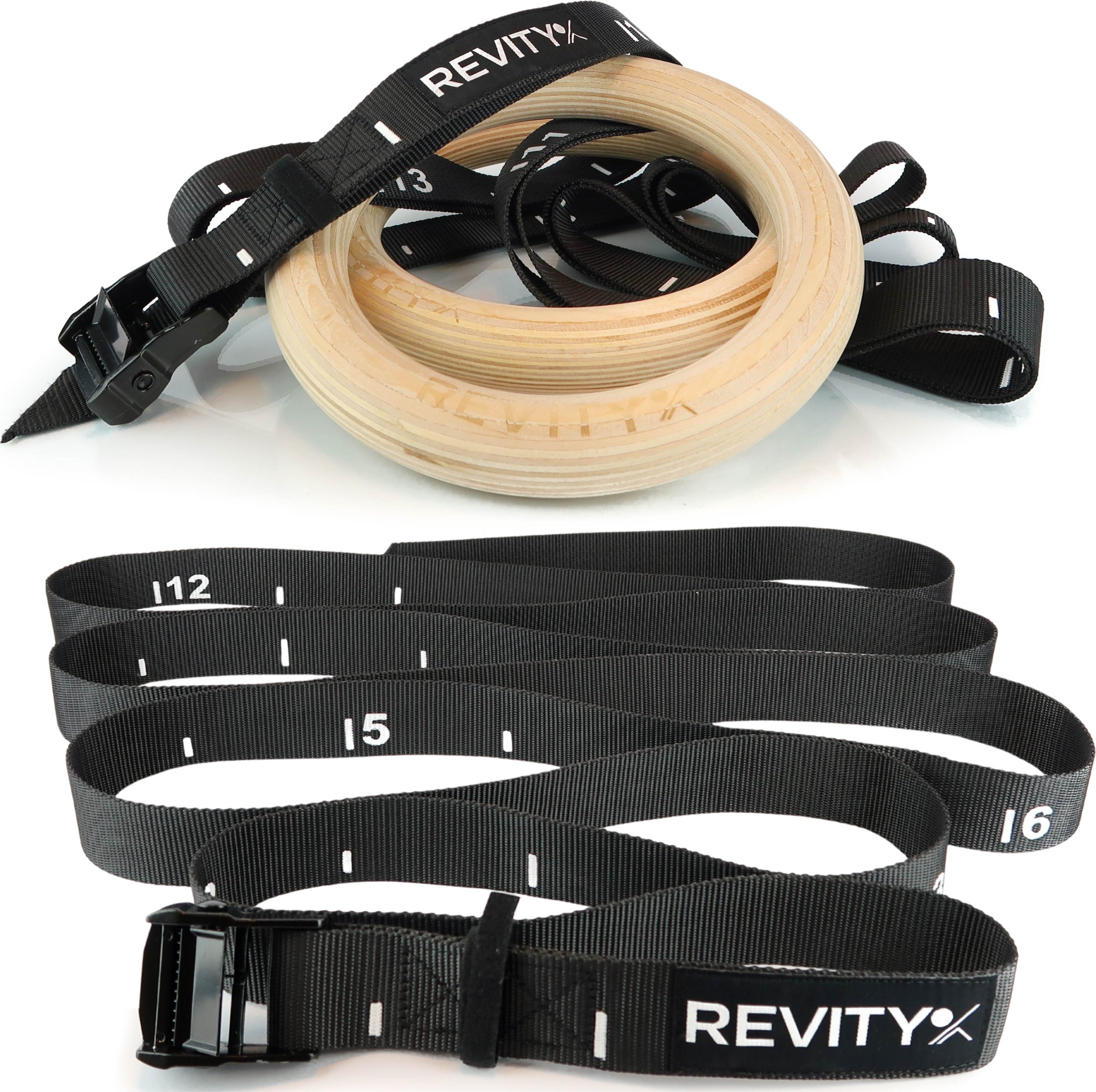Kółka gimnastyczne drewniane koła do ćwiczeń Revity Gym Rings z miarką i owijkami