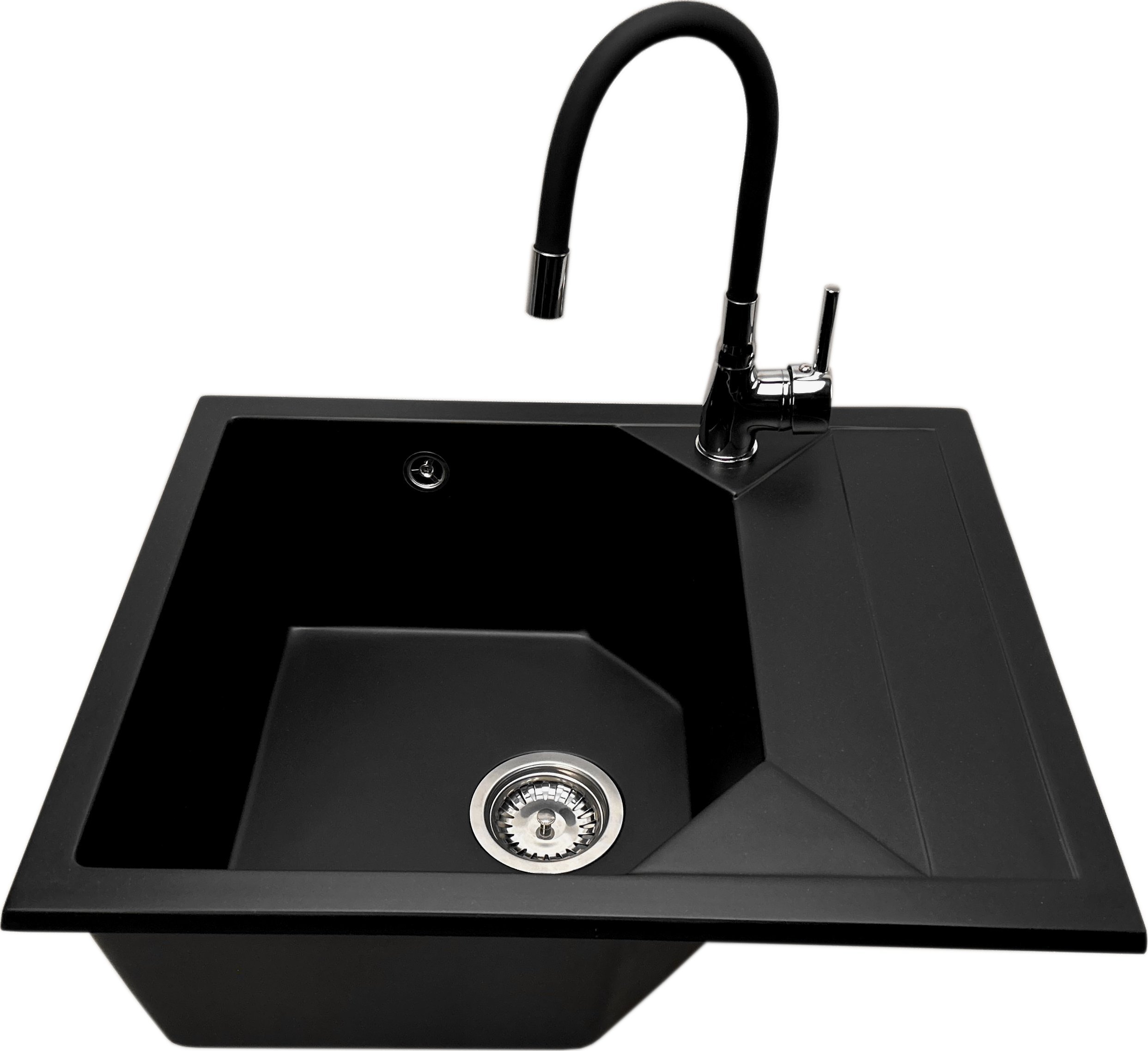 Zlewozmywak PREHNIT Zlewozmywak jednokomorowy z ociekaczem POLLO czarny z prawym ociekaczem + bateria flex LAVO