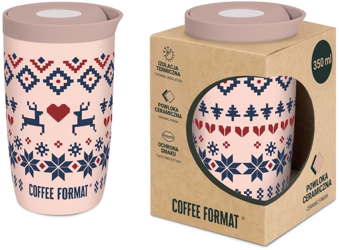 Coffee Format Kubek termiczny 350 ml - Różowy z motywem świątecznym