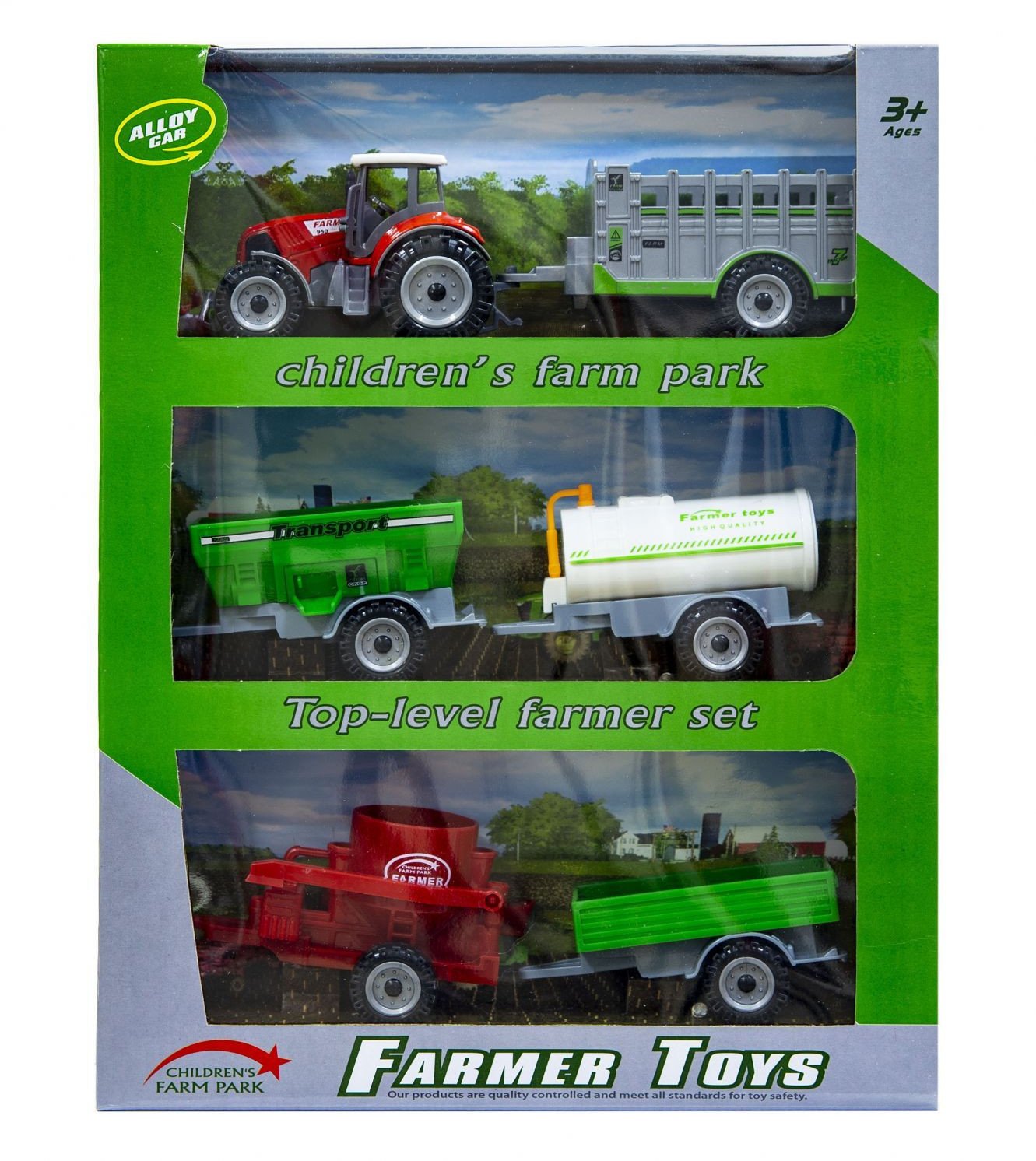 Traktor z pięcioma przyczepami czerwony