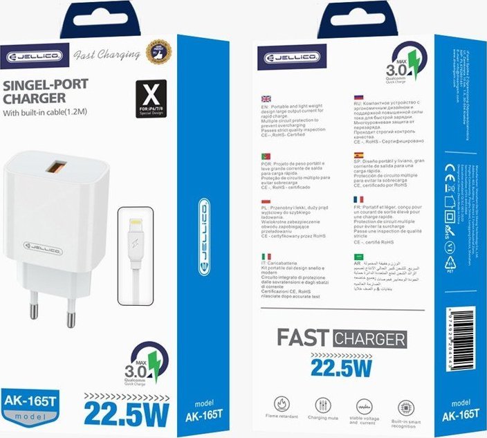 Ładowarka Jellico JELLICO ładowarka sieciowa AK165 22,5W 1xUSB QC3.0 + kabel Lightning Biały standard