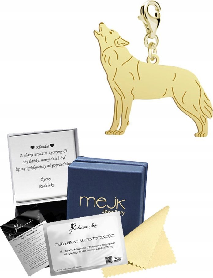 Radziszewska Jewellery Charms Złoty z Wilkiem Karabińczyk SREBRO 925 GRAWER DEDYKACJA GRATIS