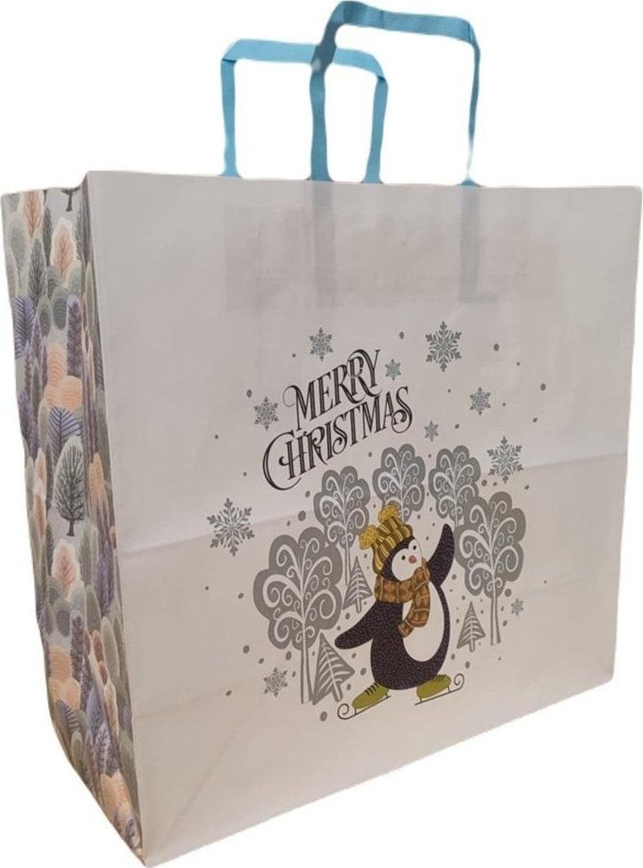 Torebka biała KRAFT 320x300x150 Święta Pingwin