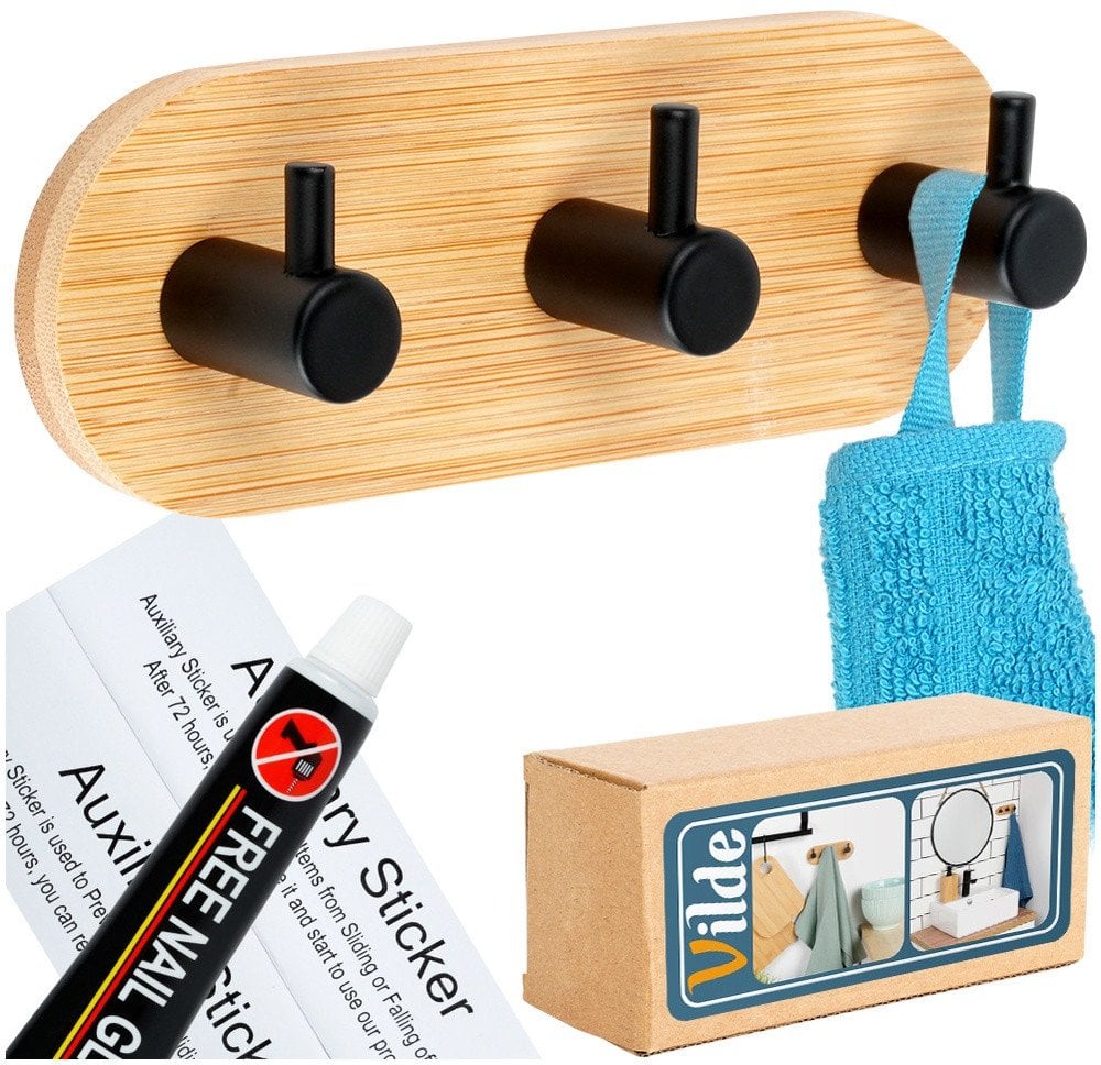 Haczyk wieszak samoprzylepny drewniany metalowy czarny potrójny 14x3,5x5 cm