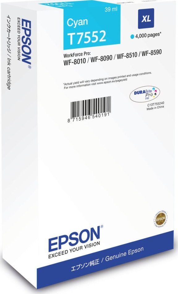 Epson Oryginalny Wkład Atramentowy Epson T7552 Niebieski Turkusowy