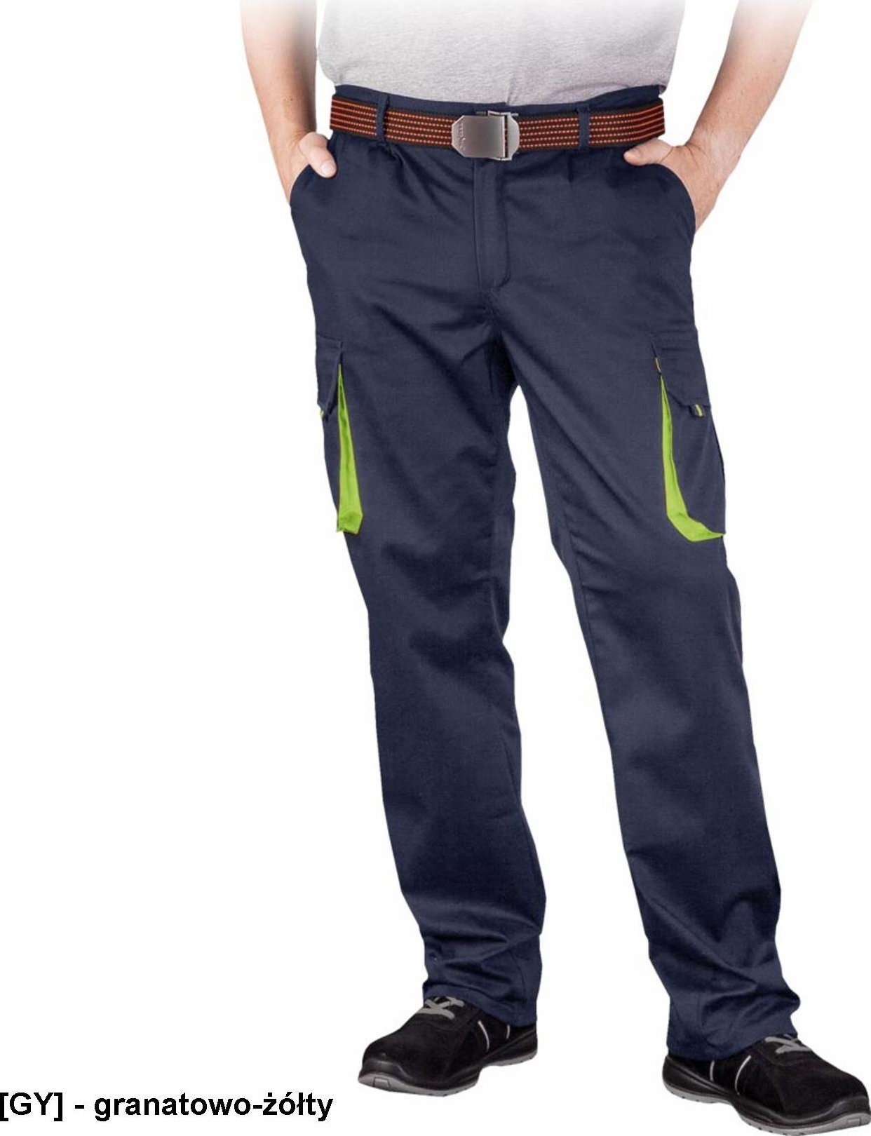 R.E.I.S. LAND-T - Elastyczne męskie spodnie ochronne do pasa LAND, 62% poliester, 35% bawełna, 3% elastan, 240 g/m - granatowo-żółty 50