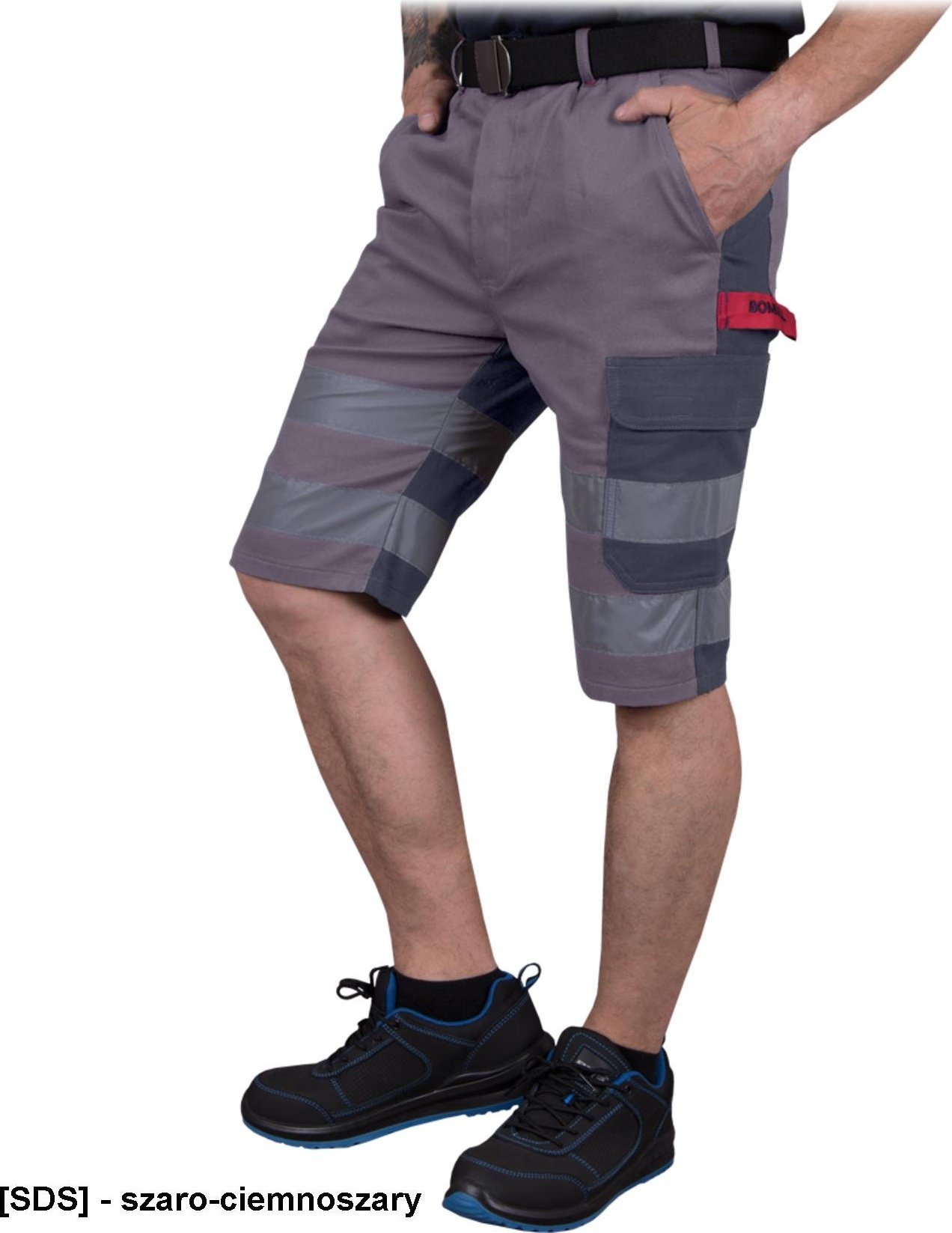 R.E.I.S. BOMULLX-TS - krótkie spodnie ochronne, nogawki pasy odblaskowe, 6 kieszeni, 100% bawełna 260-270 g/m - szaro-ciemnoszary 3XL