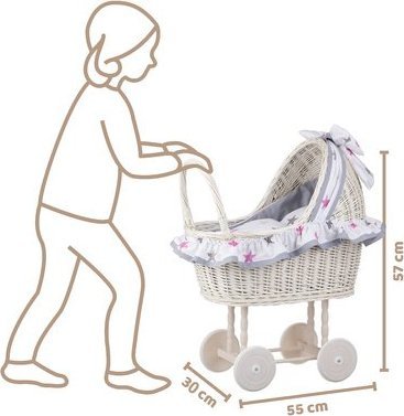 WickerPL LULU WIKLINOWY WYBIELANY WÓZEK DLA LALEK Z POŚCIELĄ 55X30 H57 CM