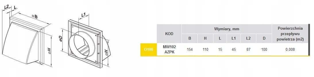 Wylot ścienny z zaworem zwrotnym i okapem 154x154mm fi 100mm biały MW102AZPK