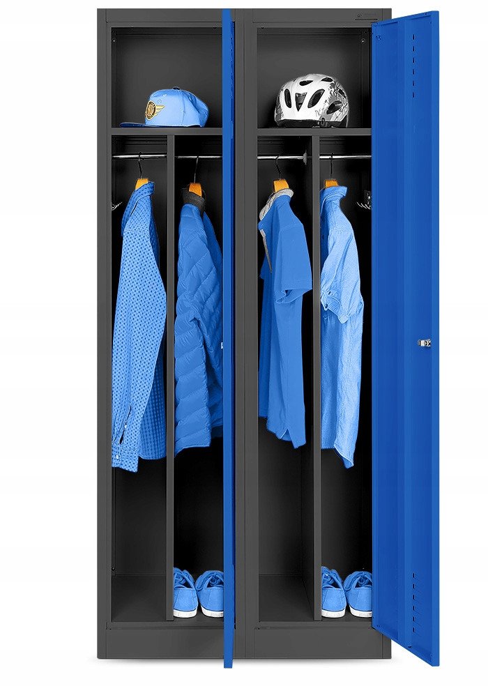 Szafa socjalna BHP ubraniowa czterokomorowa KACPER, 800 x 1800 x 500 mm, antracytowo-niebieska