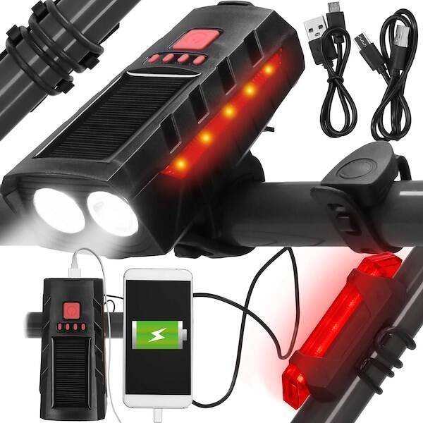 Springos Zestaw lampek rowerowych na przód i tył 2 szt. ładowane solarnie i na USB UNIWERSALNY
