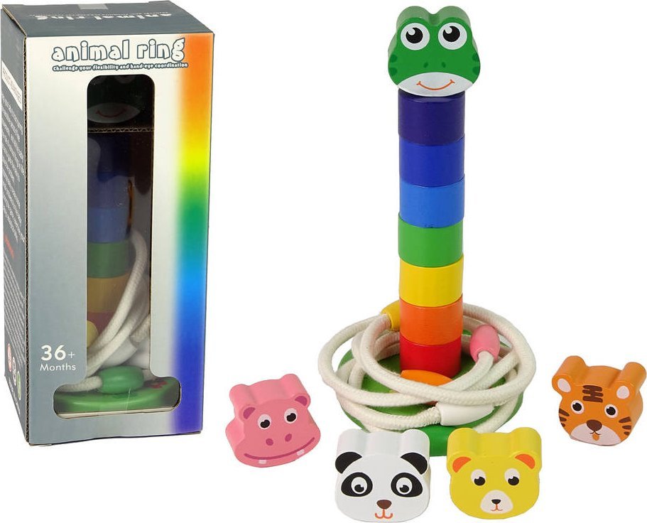 LeanToys Piramidka Drewniana Edukacyjna Układanka Sznurek Zwierzęta