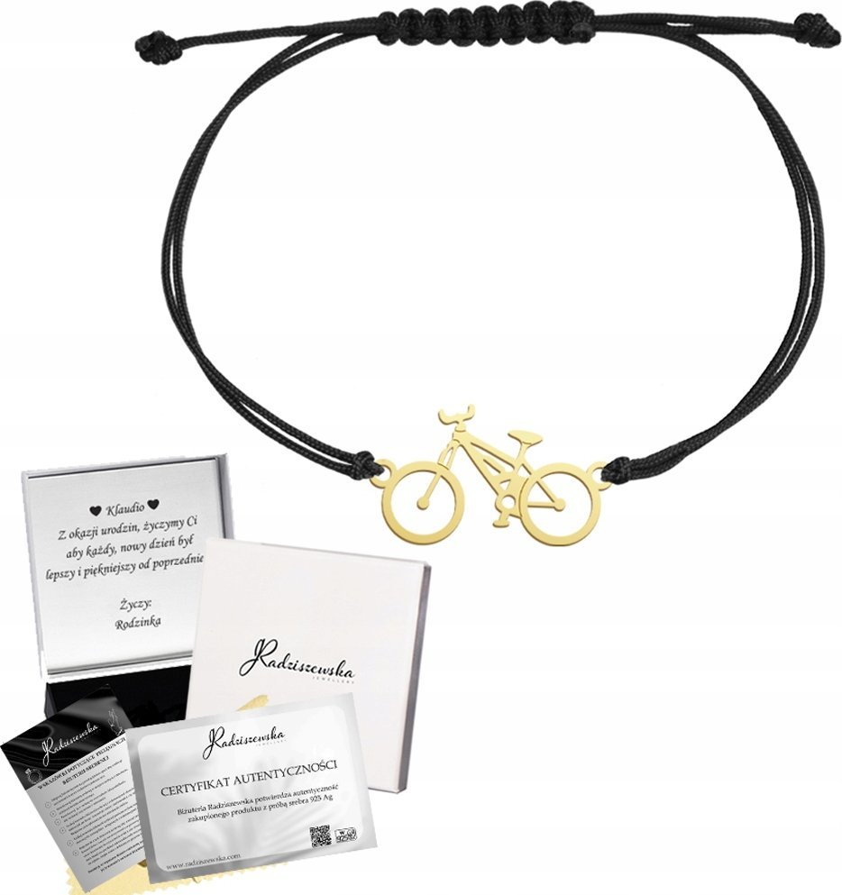Radziszewska Jewellery Bransoletka Złota Rower SREBRO 925 Sznurek Biżuteria Dedykacja Prezent