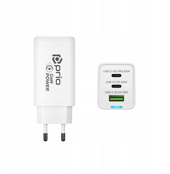 Prio Fast Charge Wall Charger 65W PD USB C1 +C2+ QC 3.0 USB A white LAD_PWC-1302 (4067397033932)
