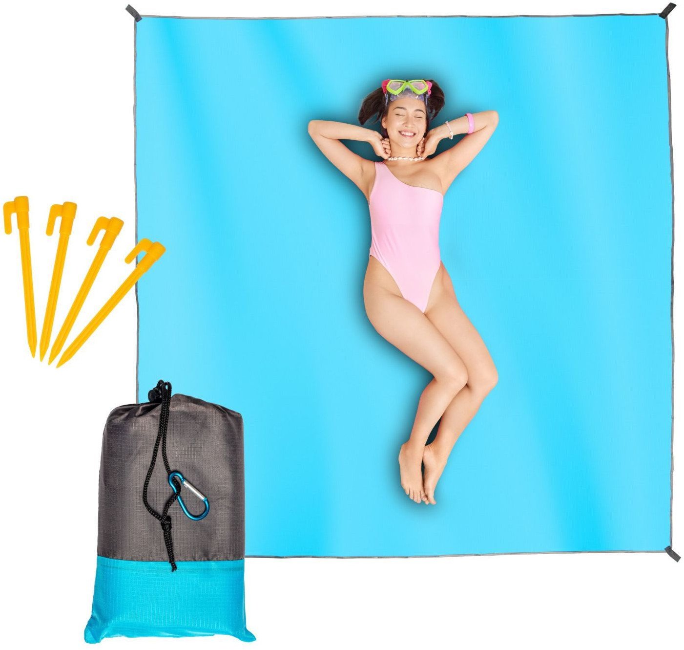 Wodoodporna mata plażowa koc piknikowy 210x200 cm niebieska z grafitową lamówką