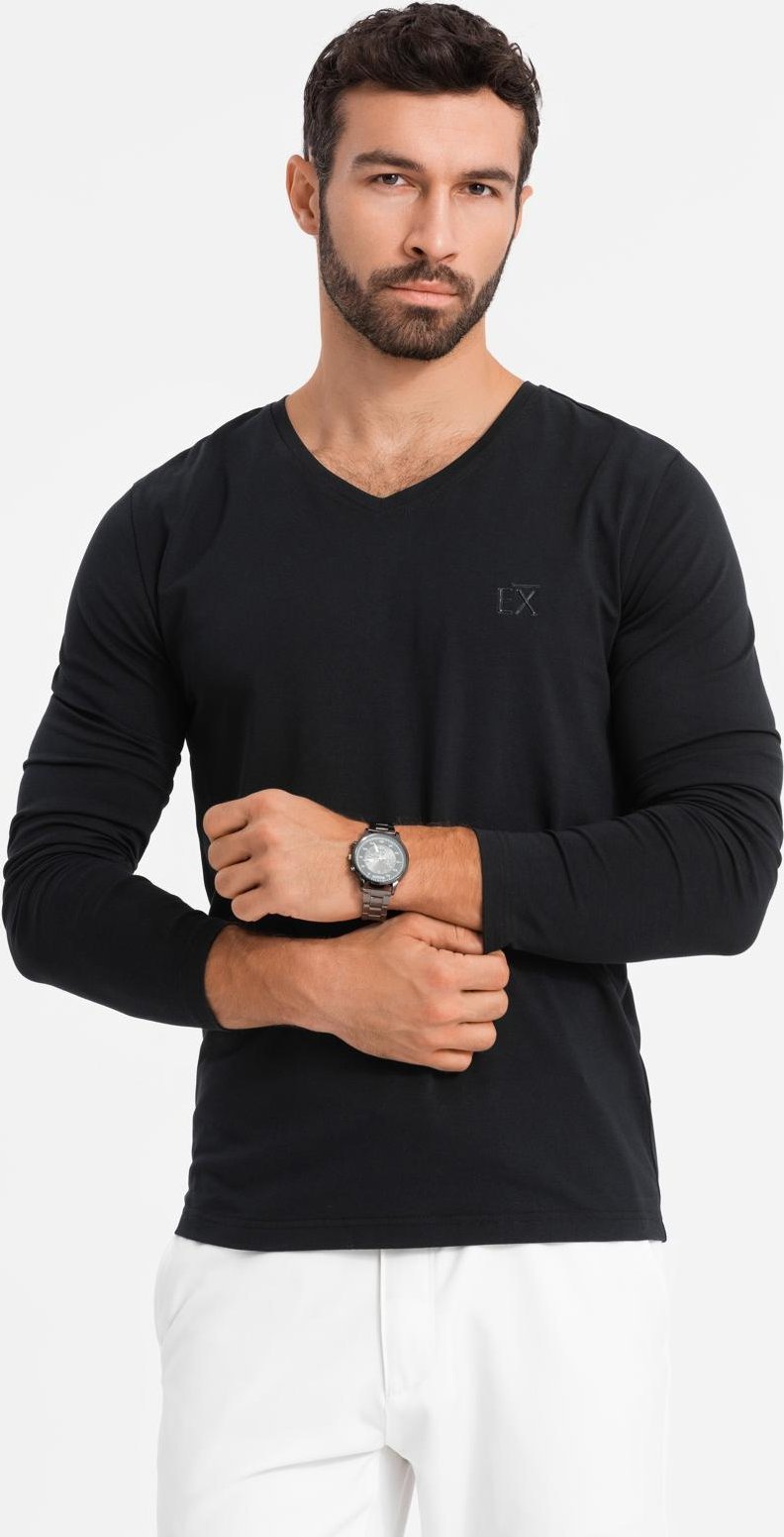 ongsleeve męski V-neck SLIM FIT z elastanem i printem czarny V1 OM-LSBC-0123 S