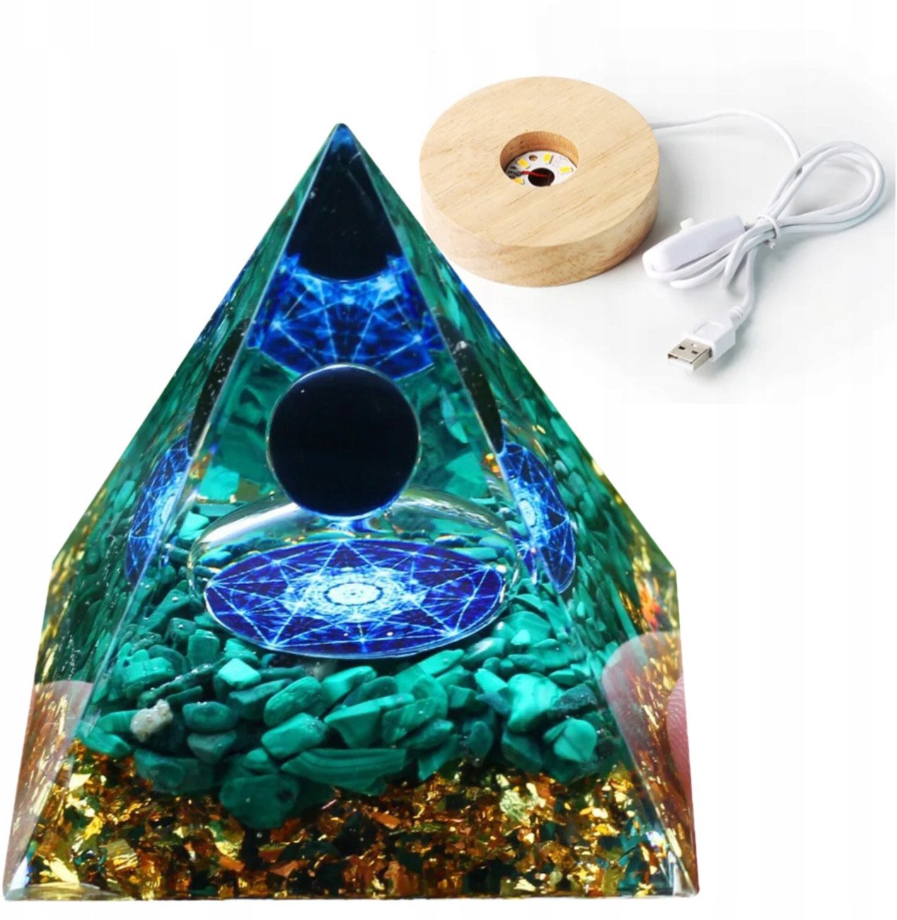 Piramida ORGONIT +LED Lampka PODSTAWA 5cm KRYSZTAŁ KAMIENIE AMULET 5cm HX19