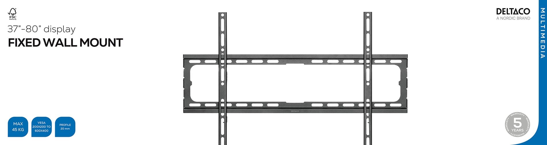 Deltaco Wall mount fixed, 37-80", 45 kg, black / ARM-523-B / 1903404