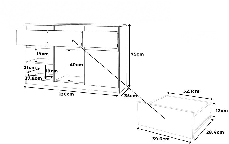 Komoda Drewniana 3 Szuflady 120cm Nowoczesna Szafka Pojemna Rtv Dąb Wotan