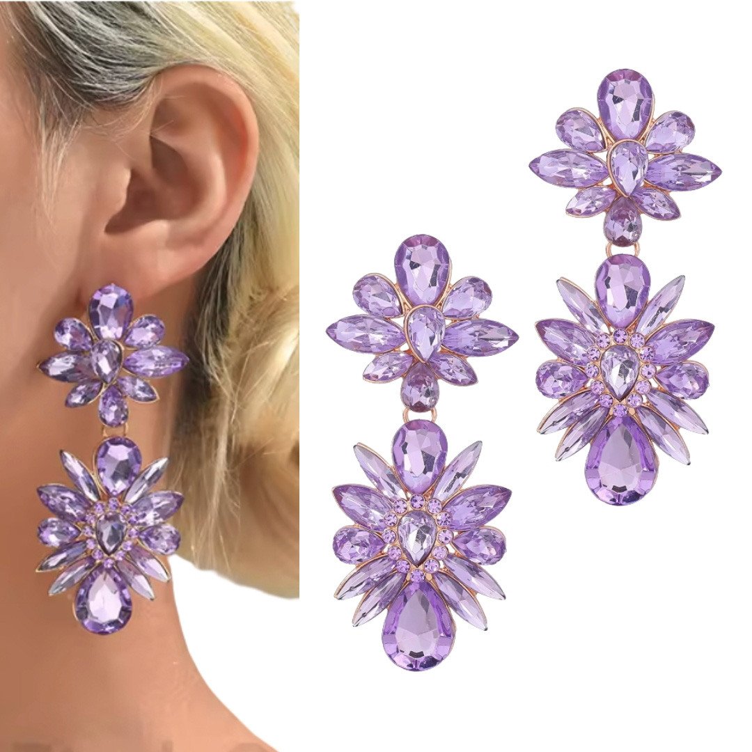 Duże efektowne kolczyki pokaz fioletowe złote lawendowe kryształki wesele