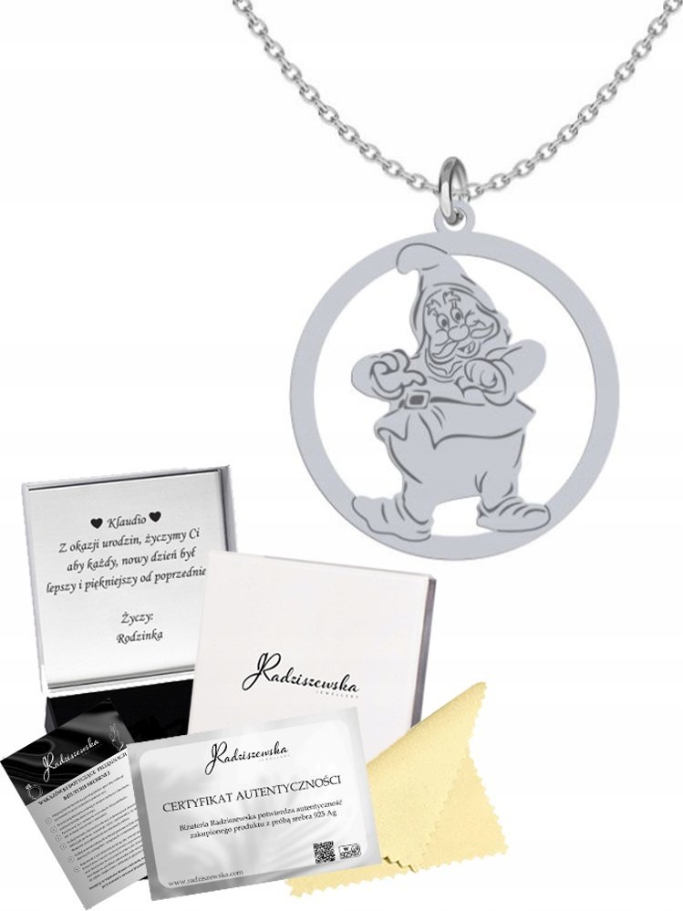 Radziszewska Jewellery Naszyjnik Srebrny z Krasnalem Łańcuszek Srebro 925 Prezent Biżuteria GRAWER