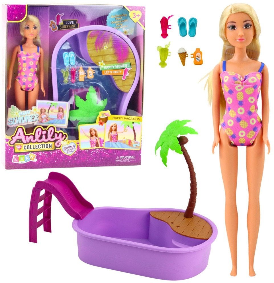 LeanToys Zestaw Lalka Anlily Na Plaży Basen Palma Akcesoria 8 el.