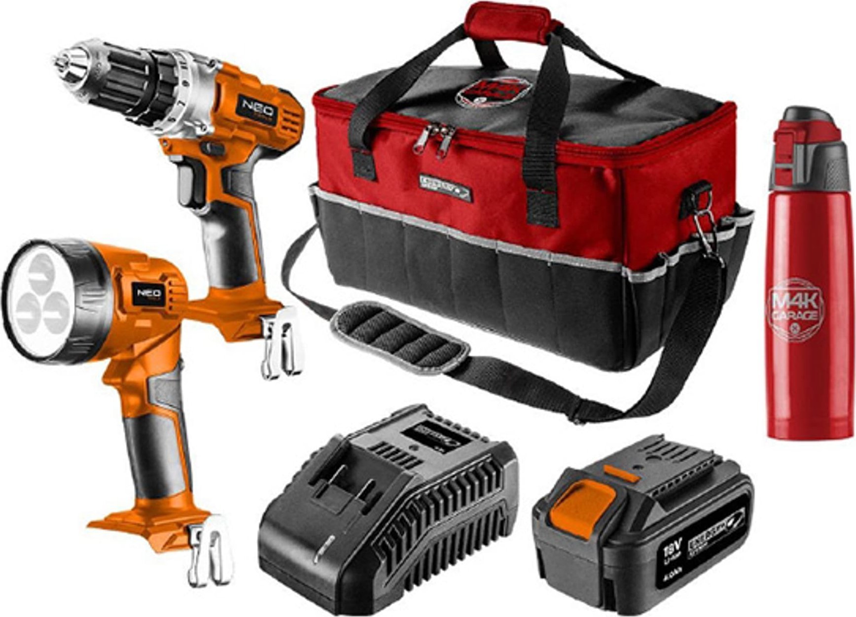 Zestaw elektronarzędzi Graphite Zestaw narzędzizasilanie akumulatorem, 04-600-M4K, wiertarka/latarka/bateria/ładowarka/termos/torba, 18V, 6 elementów,