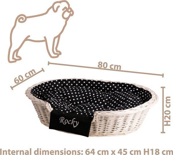 WickerPL Poppy OWALNE wybielane WIKLINOWE LEGOWISKO DLA ZWIERZĄT Z IMIENIEM KOSZ DLA PSA 80X60 H20 / ROZMIAR WEWNĘTRZNY 64X45 H18 CM