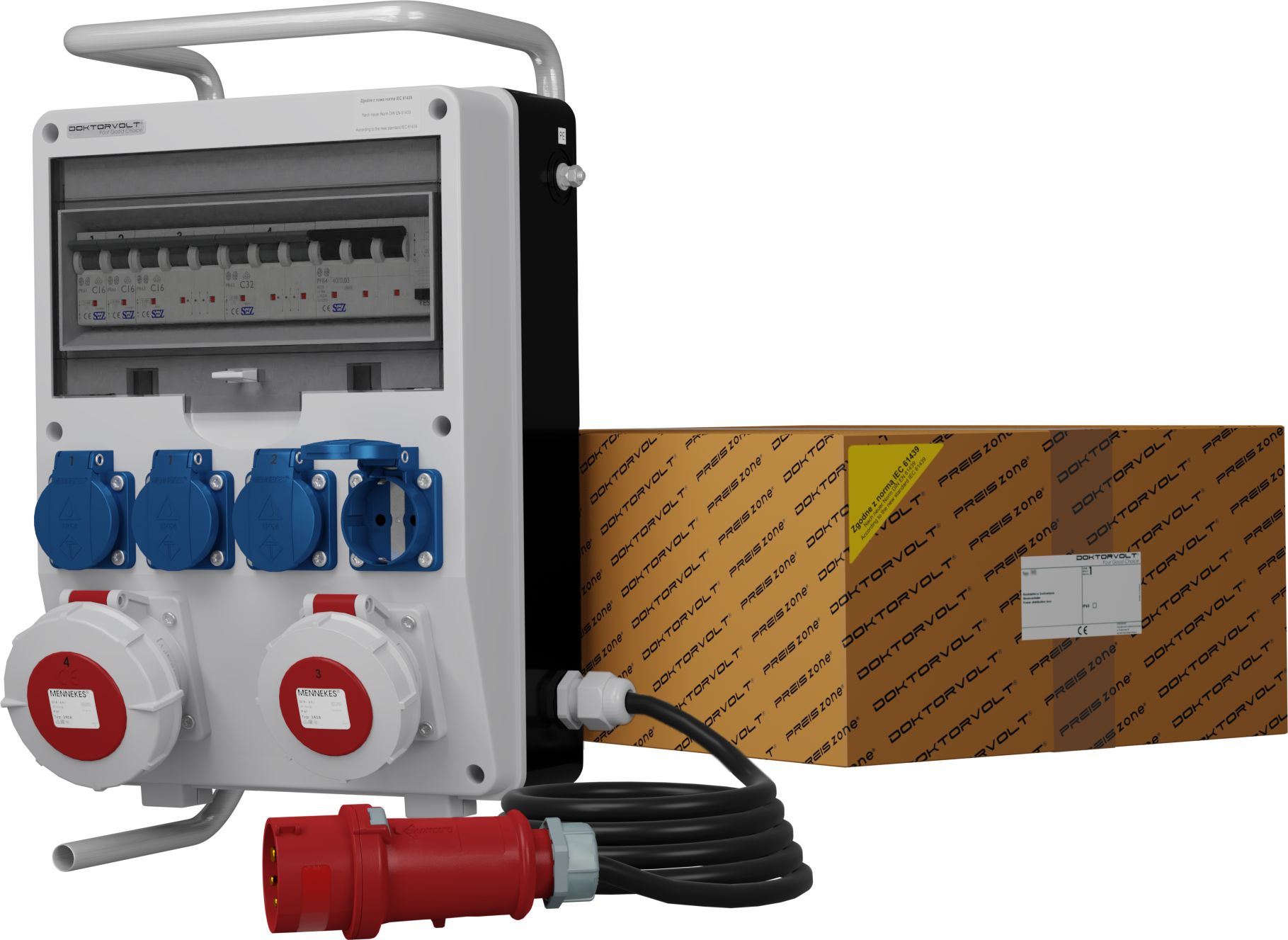 Doktorvolt Rozdzielnica budowlana na stojaku z kablem TD-S/FI SKHU 32A 16A IP67 4x230V Schuko Doktorvolt 0106