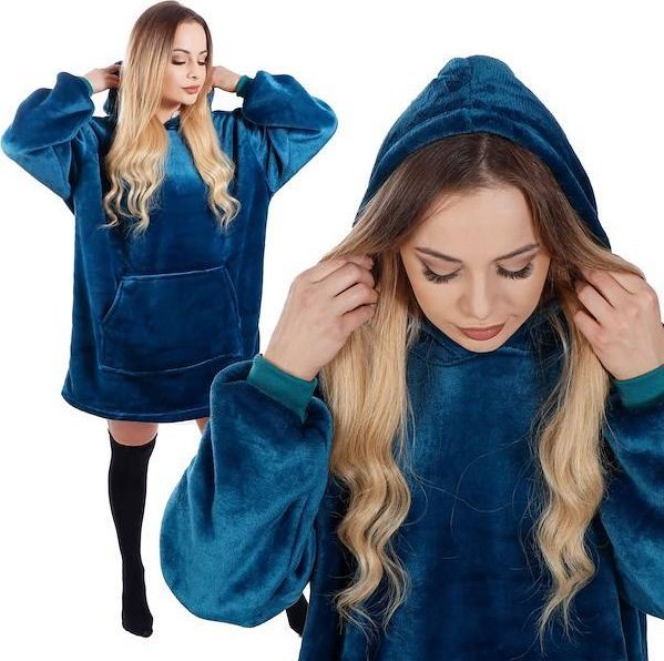 Springos Kocobluza damska oversize koc bluza 2w1 z kapturem ciepła niebieska UNIWERSALNY