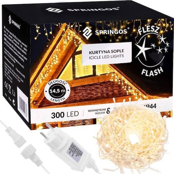 Springos Kurtyna świetlna 300 led girlanda, lampki wewnętrzno-zewnętrzne sople biały ciepły + flash UNIWERSALNY