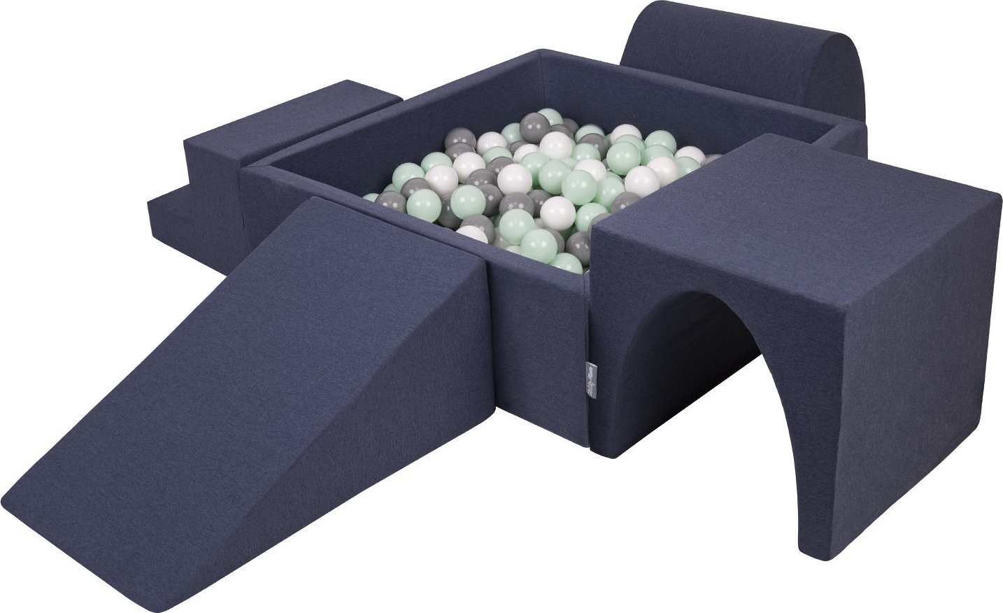 KiddyMoon KiddyMoon Piankowy plac zabaw PPZP-KW30D-125 z piłeczkami granatowy: biały-szary-mięta basen 200/klin L/górka/tunel/schodek Zabawka plac zab