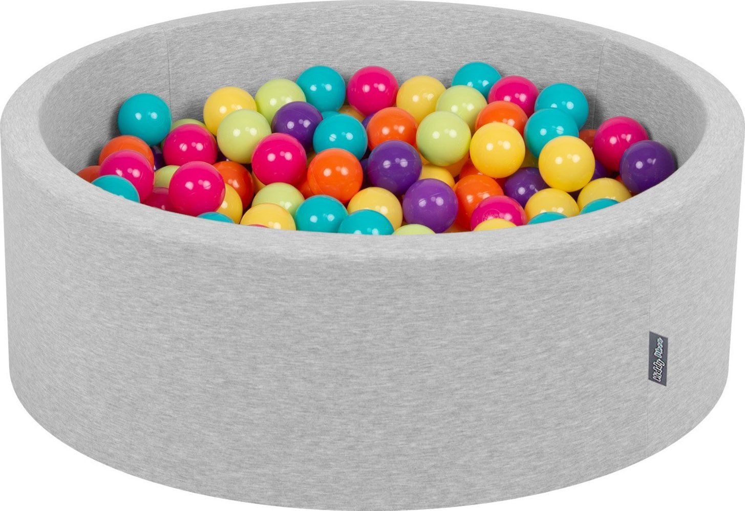 KiddyMoon Suchy basen okrągły z piłeczkami 7cm jasnoszary: jasny zielony-żółty-turkus-pomarańcz-ciemny róż-fiolet 90x30cm/200piłek Zabawka basen piank