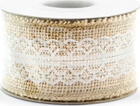 Party Deco Tasiemka jutowa z białą koronką, 50 mm / 5 m, 1 szt. uniwersalny