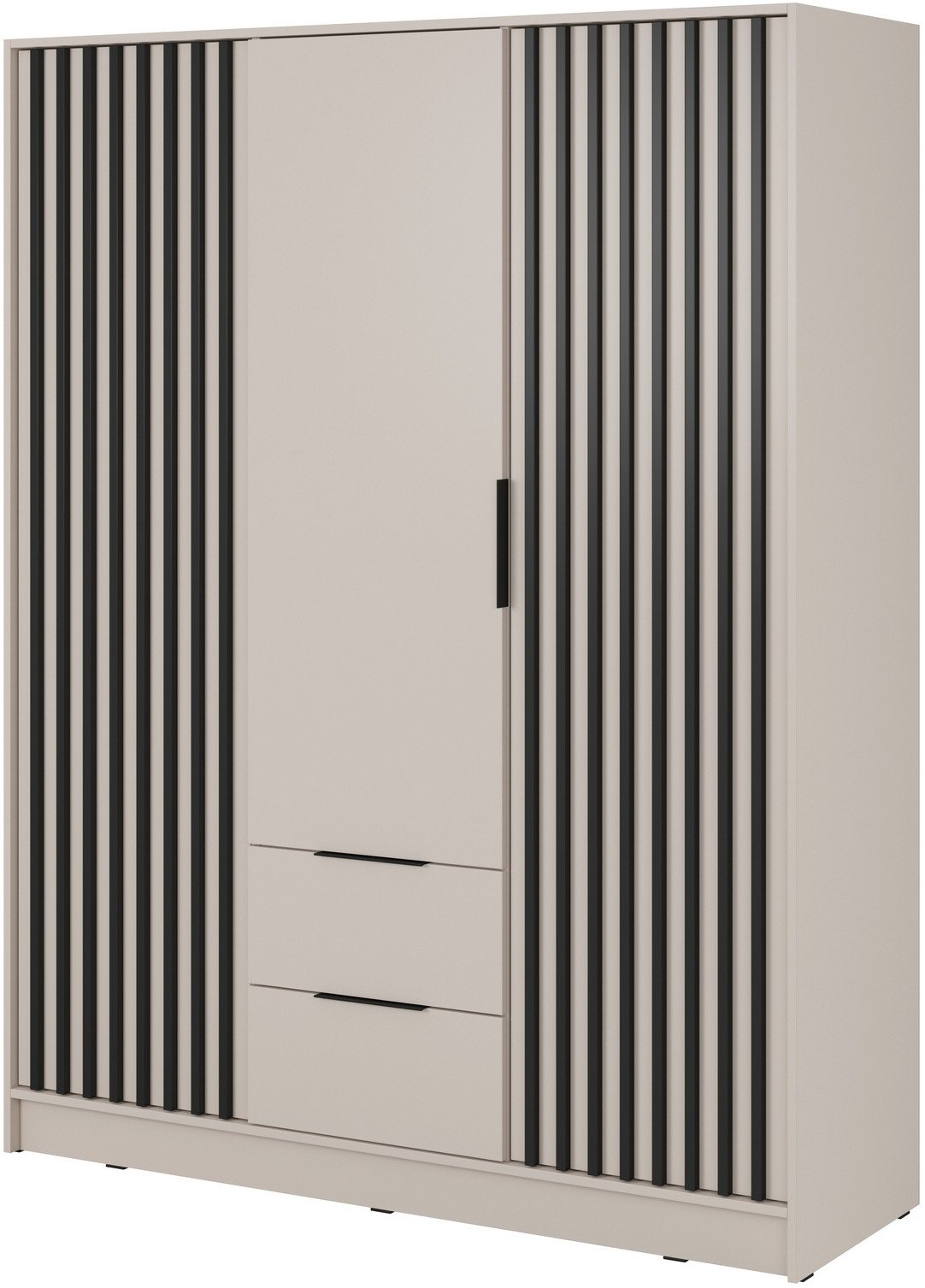 Szafa Stilo w kolorze cashmere trzydrzwiowa z szufladami i lamelami na froncie