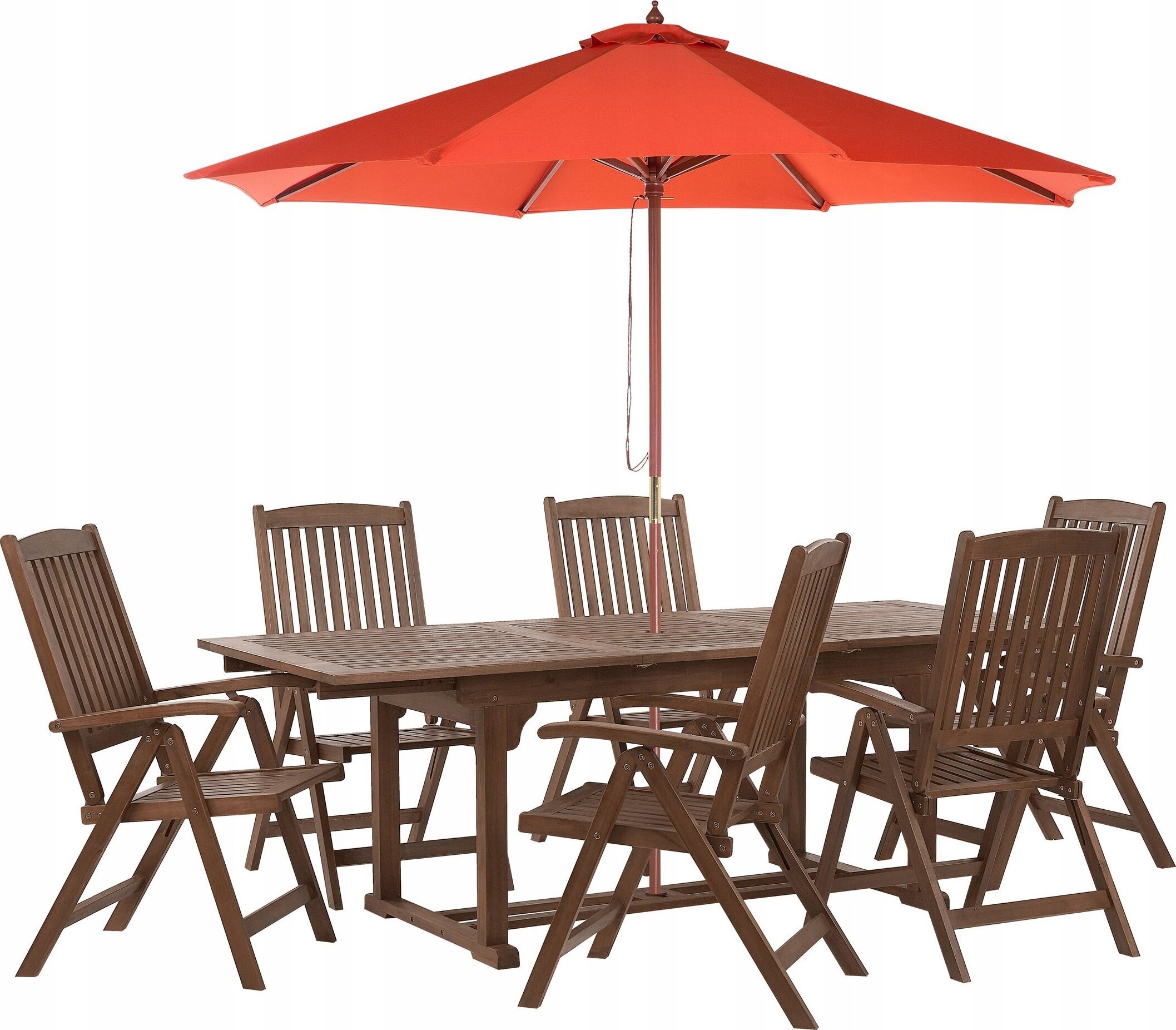 Beliani Zestaw ogrodowy drewno akacjowe stół i 6 krzeseł z parasolem czerwonym AMANTEA