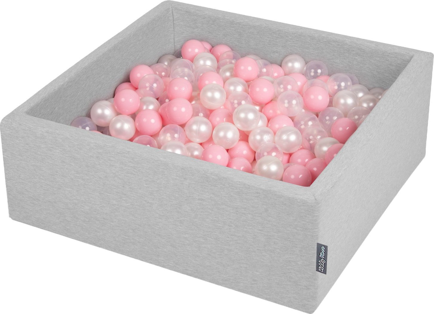 KiddyMoon Suchy basen kwadratowy z piłeczkami 7cm jasnoszary: pudrowy róż-perła-transparent 90x30cm/200piłek Zabawka basen piankowy